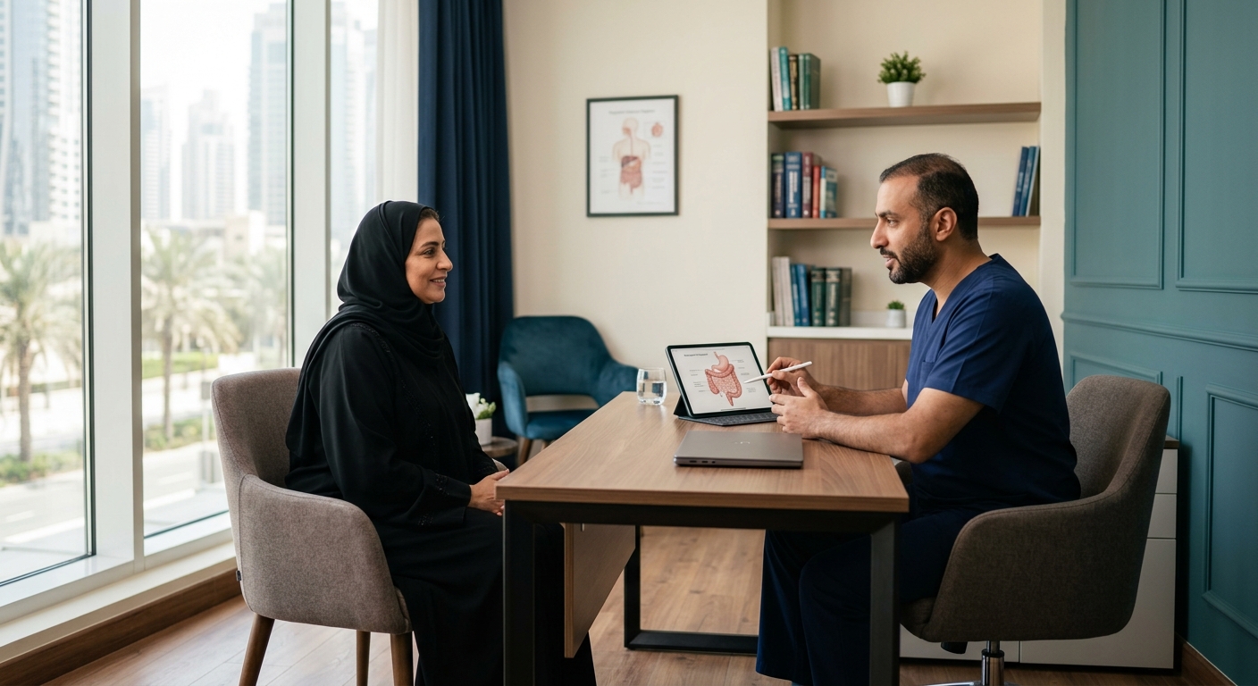 Patient consulting with gastroenterologist in a modern, well-lit clinic room discussing GERD management options