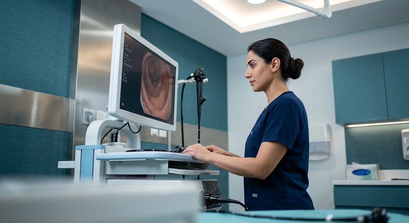 Gastroenterologist reviewing diagnostic imaging or endoscopy results on a clinical monitor