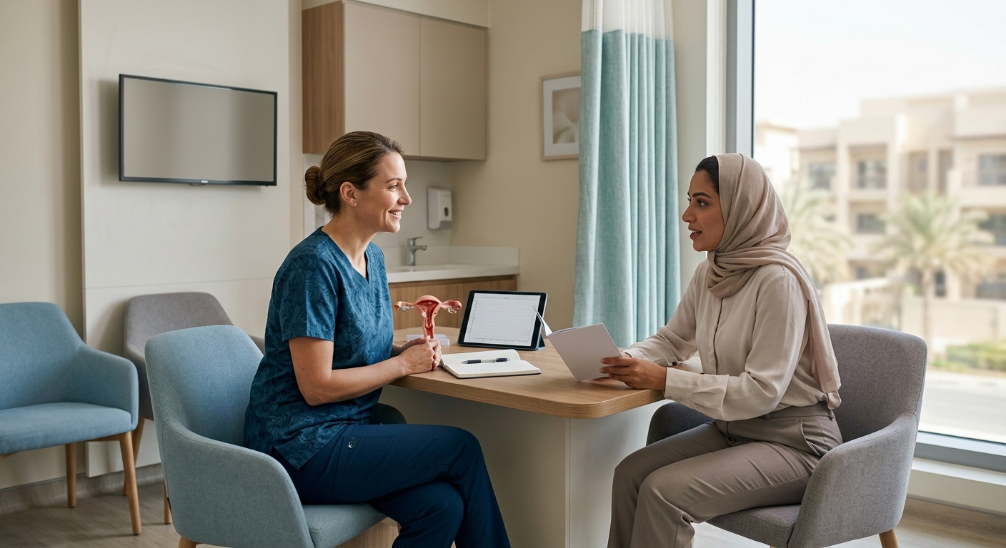 Female patient consulting with a healthcare provider in a modern clinic setting during a gynecological discussion.