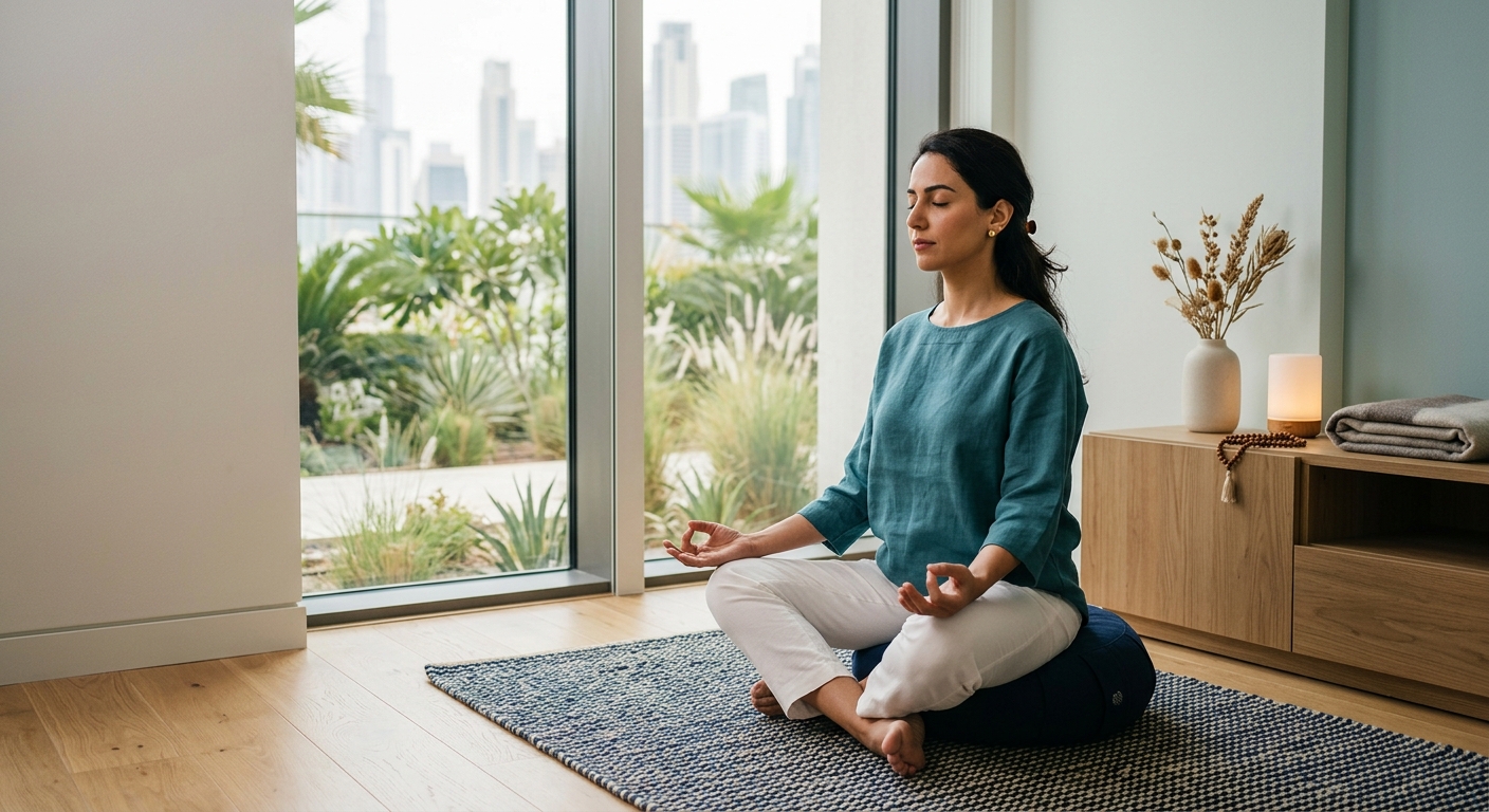 Woman practicing stress-management meditation in a calm, naturally lit wellness environment.