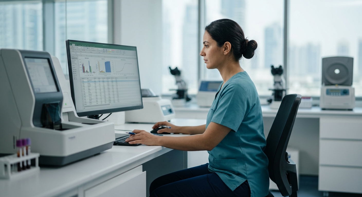 Healthcare professional reviewing diagnostic blood test results in a modern laboratory setting.