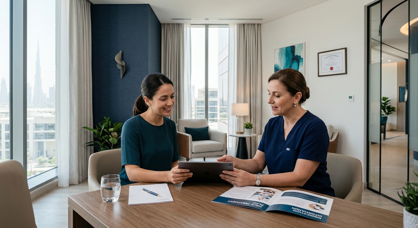 Patient and healthcare provider discussing personalized treatment options in a modern clinic consultation room.