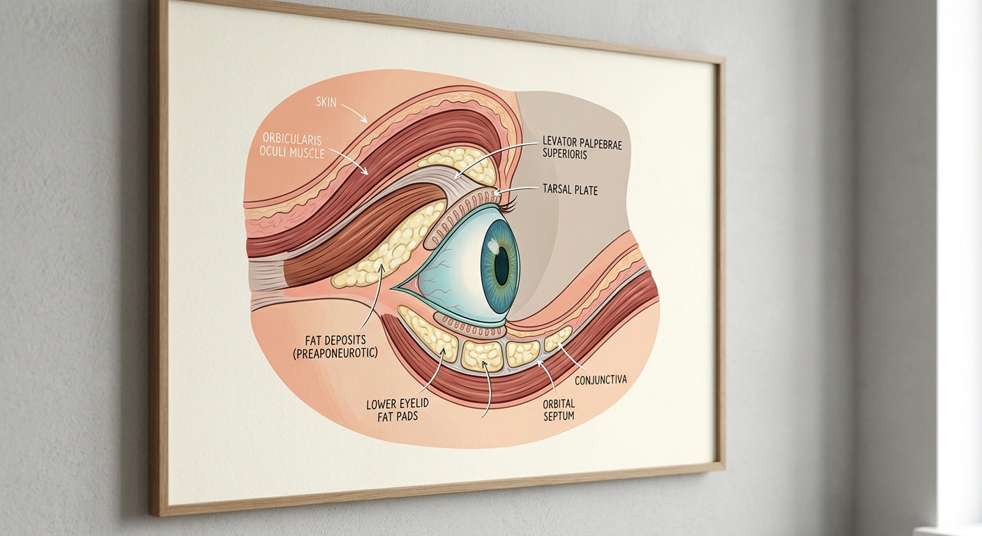 Anatomical diagram comparing upper and lower eyelid structure and composition