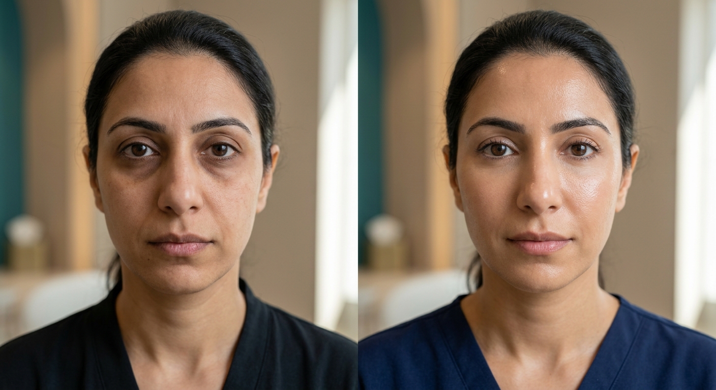 Before and after comparison of eye area showing improved brightness and reduced fatigue