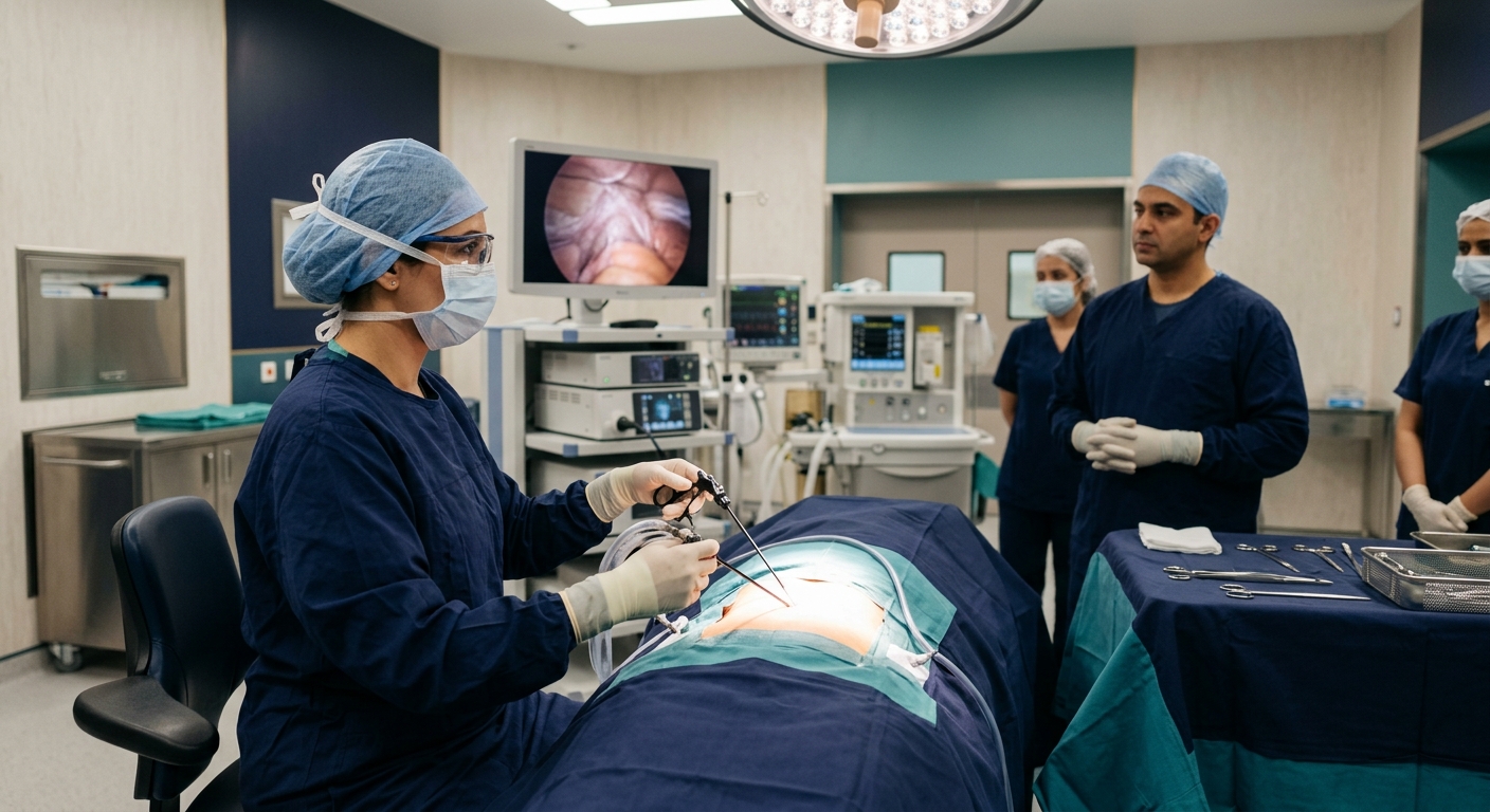 Surgeon's hands performing precise work in a modern operating theatre with soft lighting
