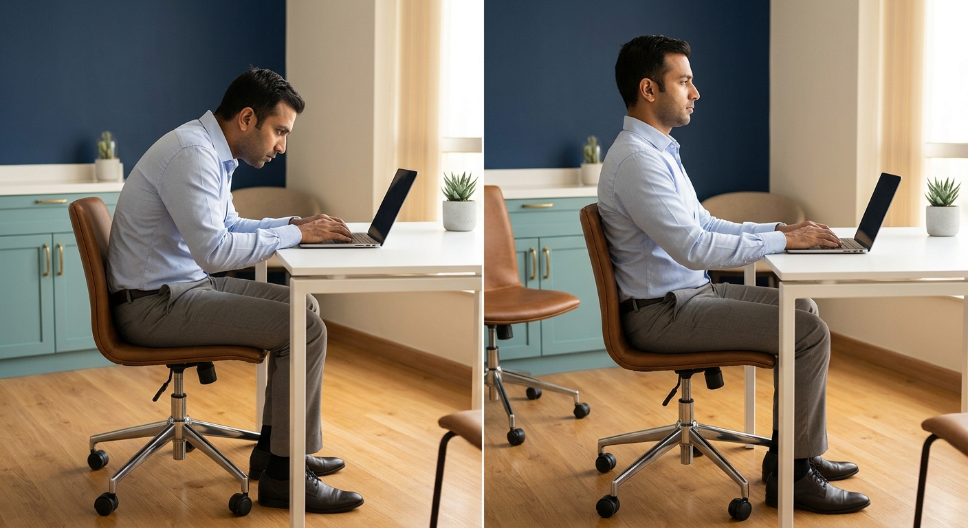 Visual comparison of forward head posture and rounded shoulders common in prolonged office sitting