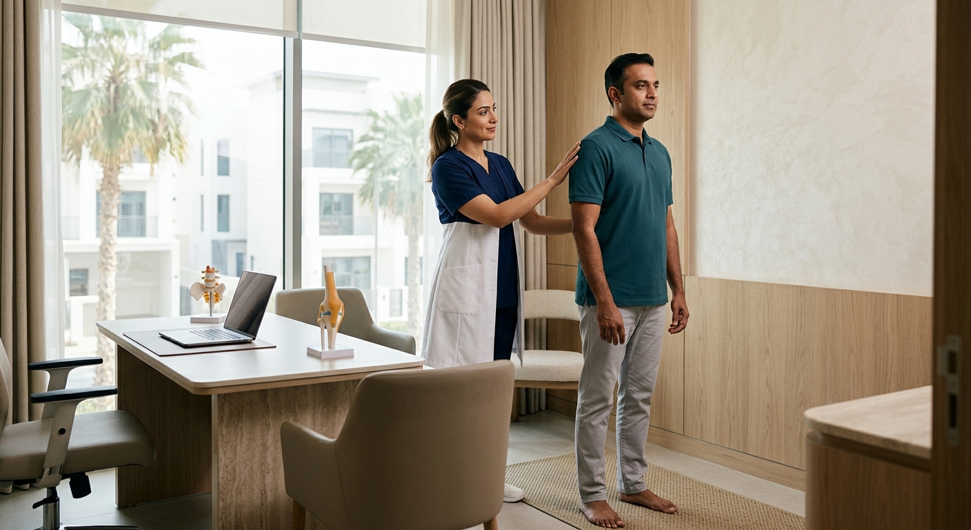 Healthcare specialist performing posture and movement assessment during patient consultation