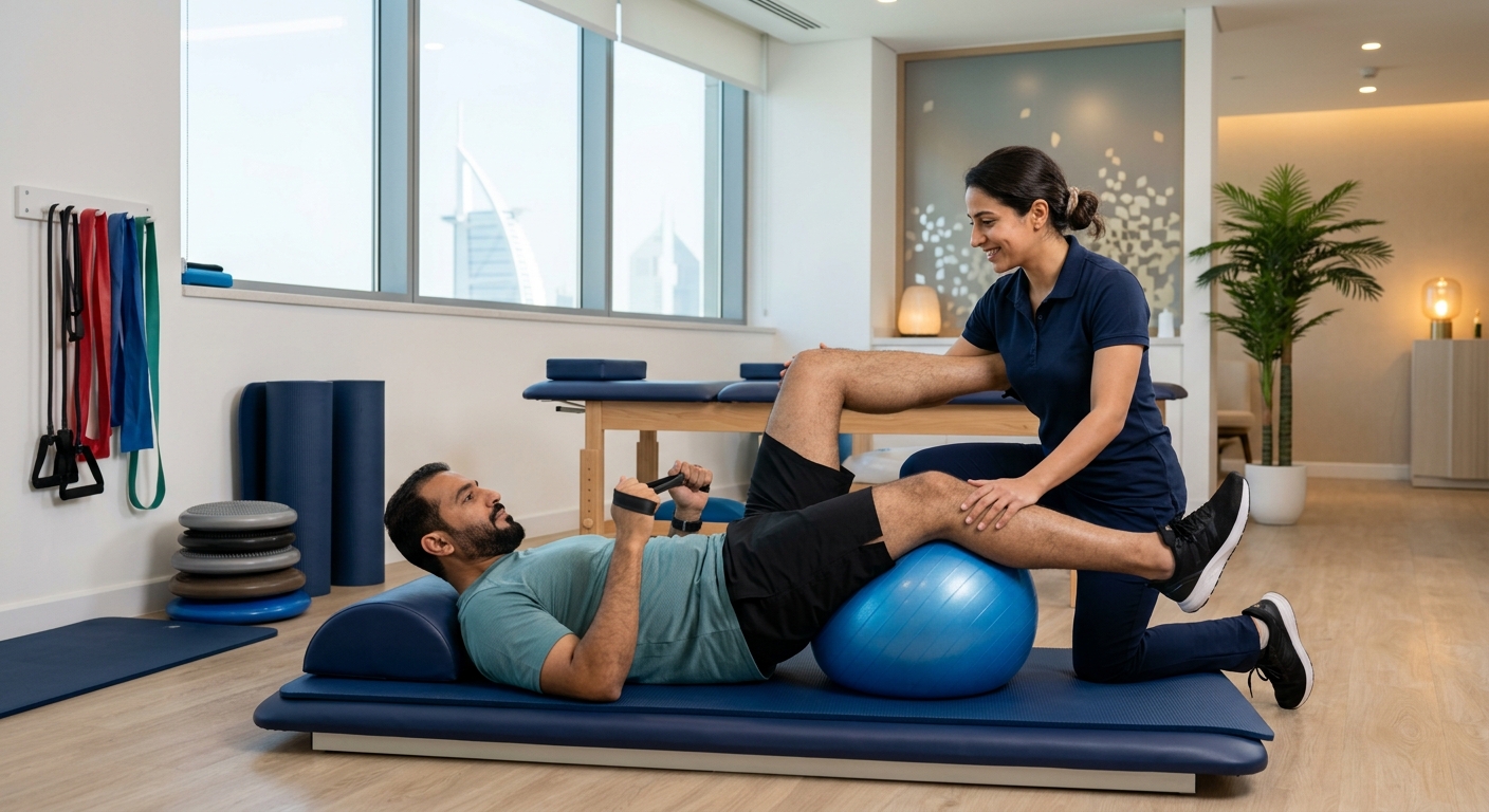 Patient performing guided core stabilization exercise under physiotherapist supervision