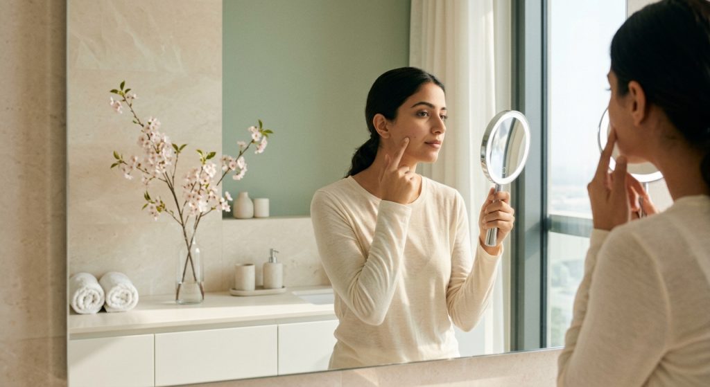 Woman examining her complexion in bright natural light, modern bathroom setting with spring aesthetic
