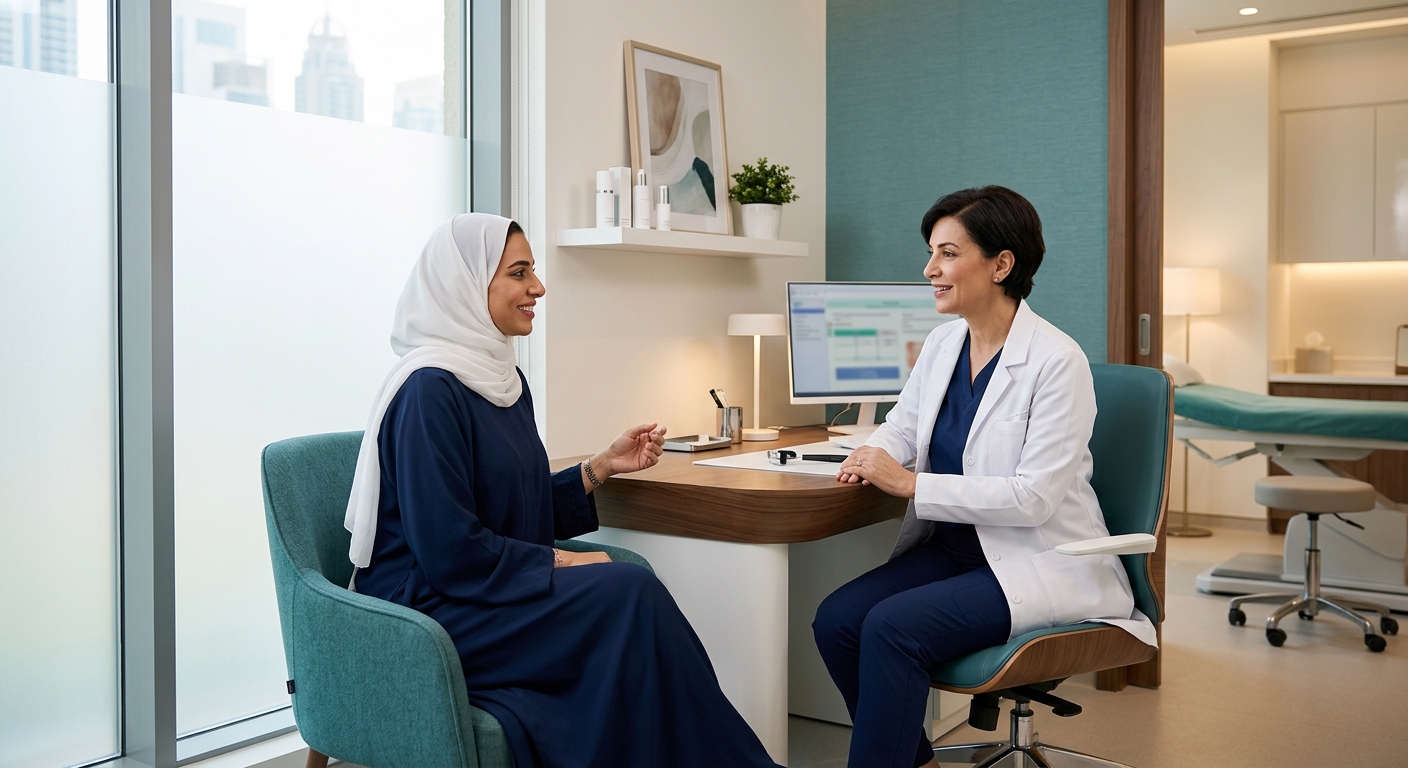 Patient in consultation with dermatologist in modern clinic room discussing skin concerns and treatment options