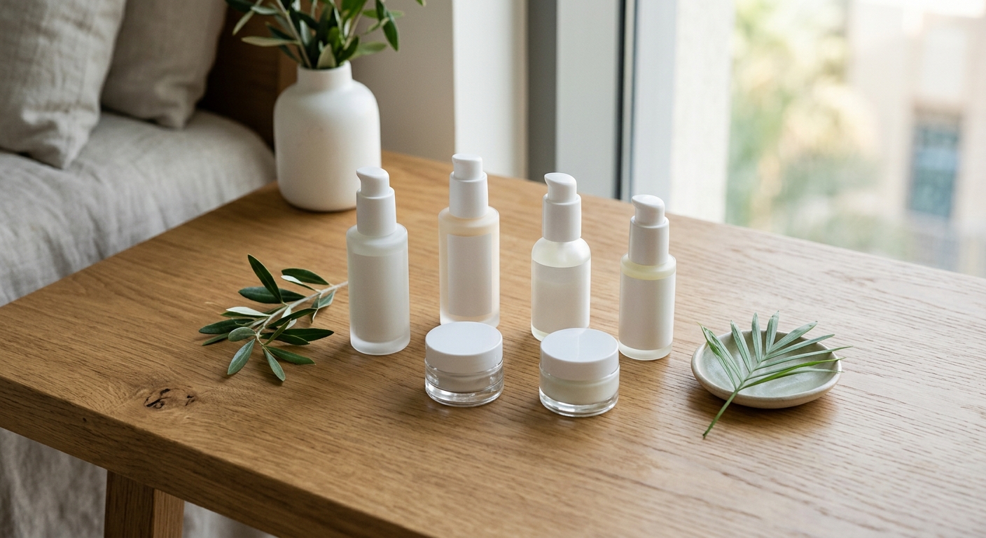 Skincare products arranged in natural light showing lightweight moisturizers, sunscreen, and treatment options