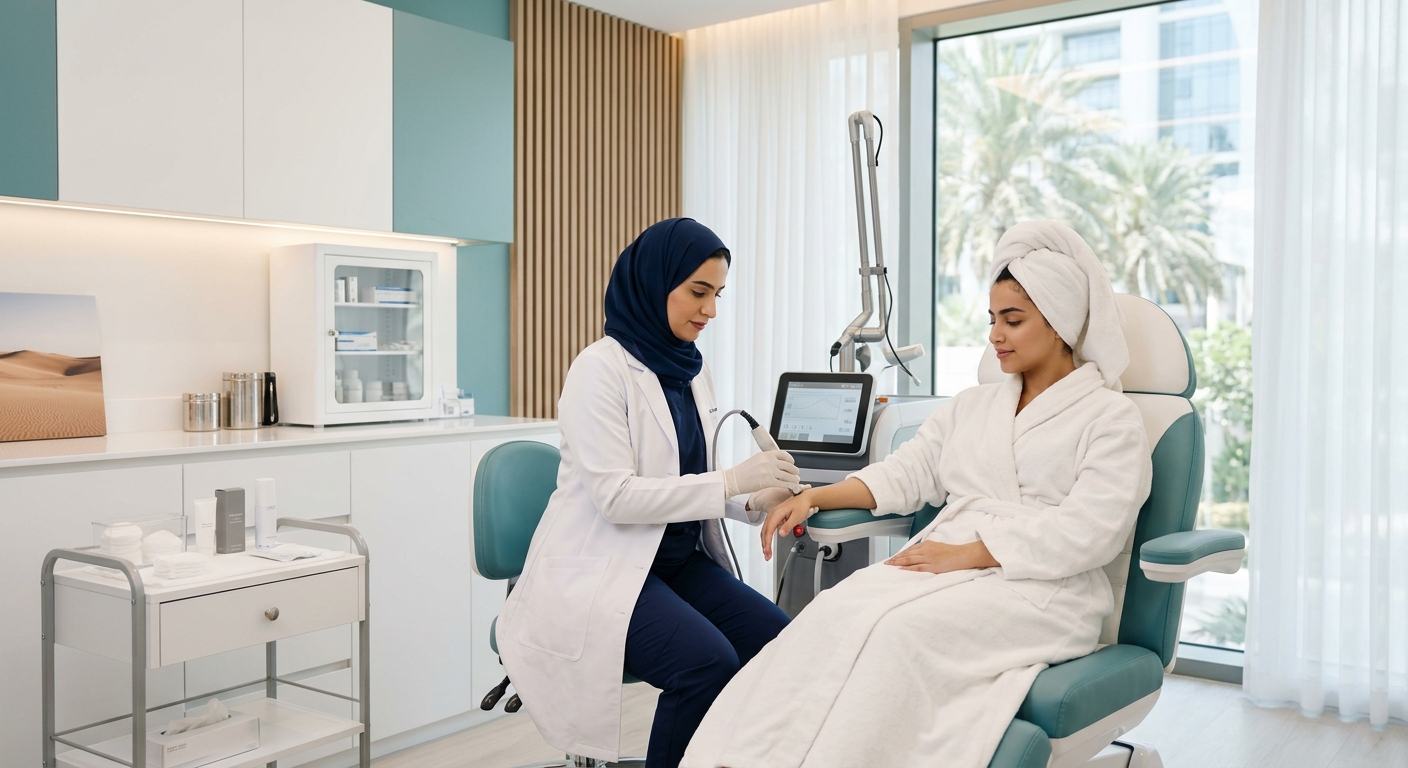 Modern dermatology treatment room with professional laser equipment and calming clinical aesthetic