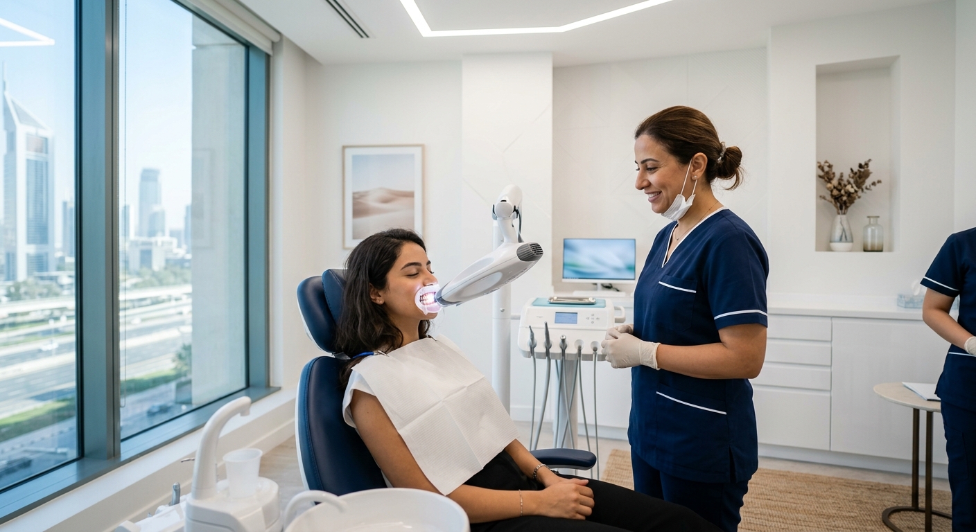 Patient in modern dental clinic receiving professional teeth whitening treatment under dentist supervision