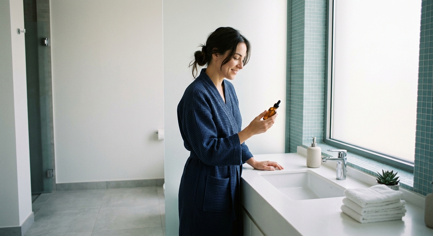 Person using at-home teeth whitening product in a bright, modern home bathroom setting
