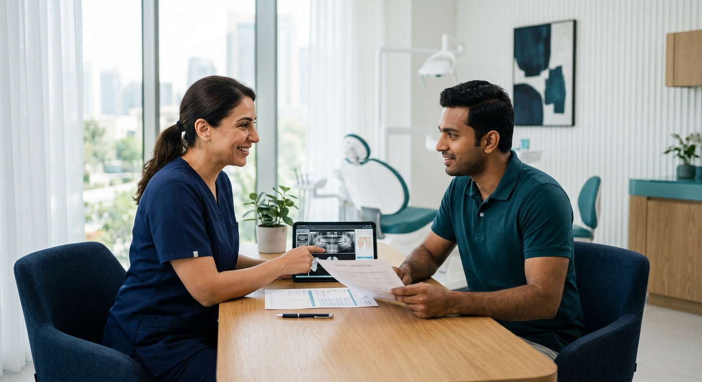Patient having a consultation with dentist about personalized teeth whitening treatment options