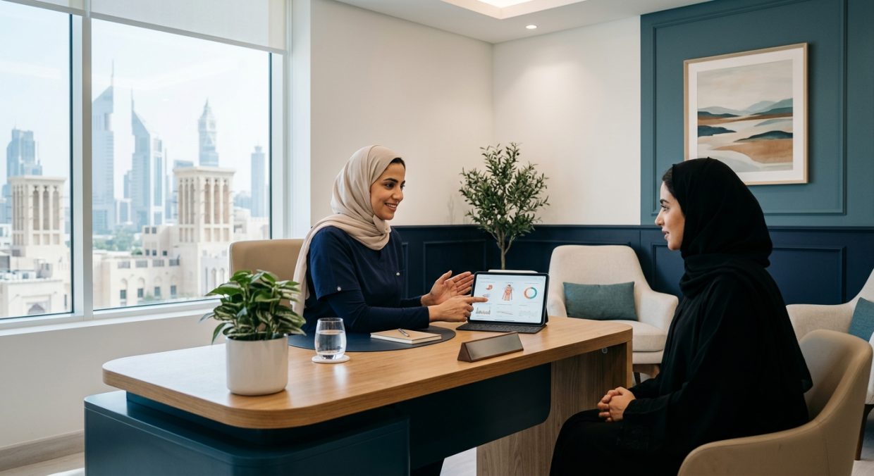 Healthcare specialist consulting with patient in modern clinic setting, discussing treatment options