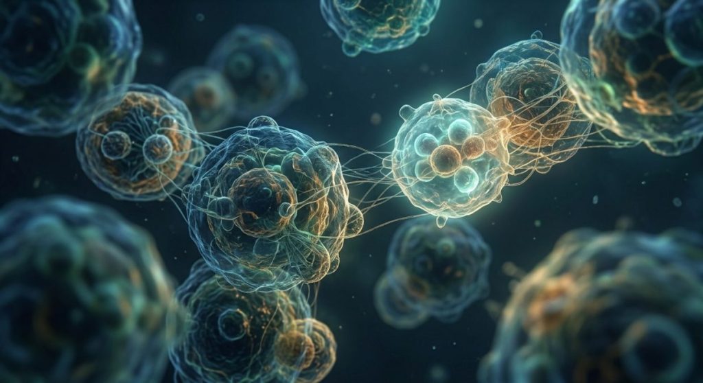 Abstract visualization of microscopic nanoparticles representing cellular communication and molecular transport