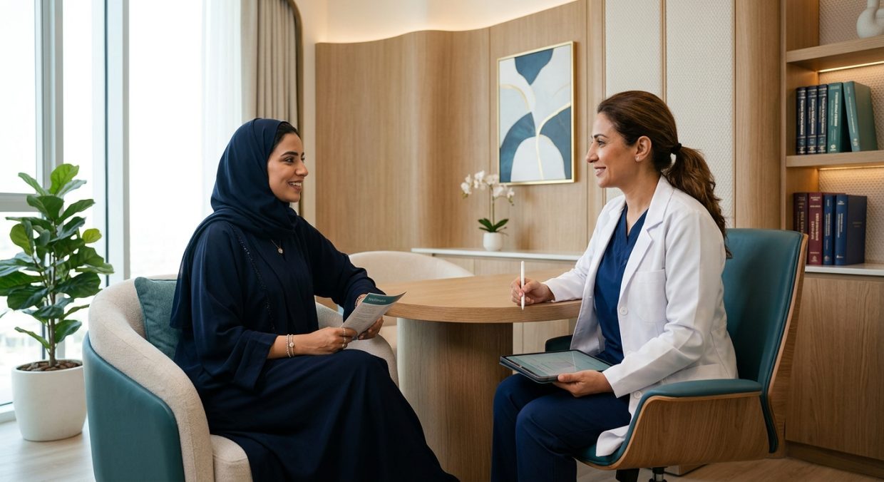 Healthcare provider conducting a thorough patient safety assessment and consultation in a modern clinical setting