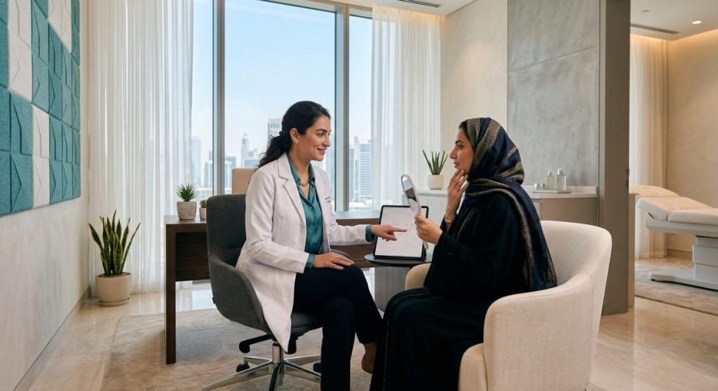 Woman in consultation with aesthetic specialist discussing facial filler options in a modern clinic setting