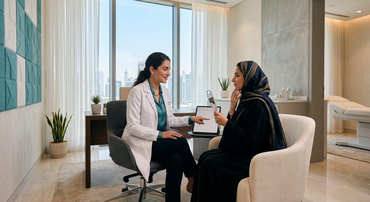 Woman in consultation with aesthetic specialist discussing facial filler options in a modern clinic setting