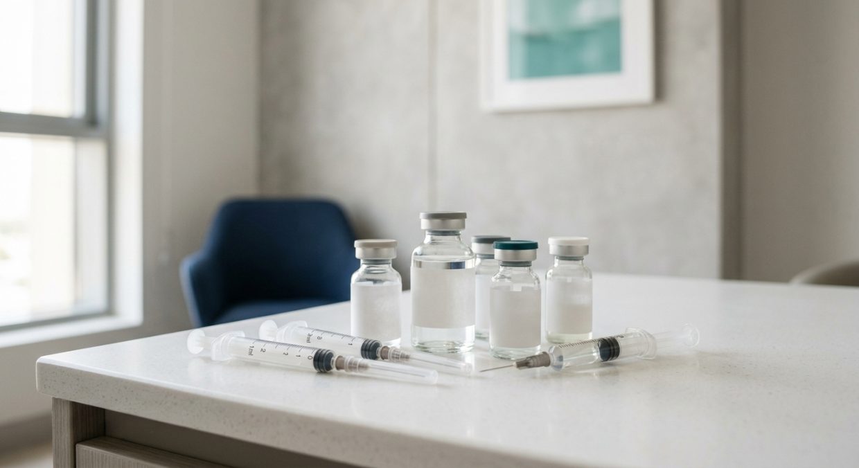 Multiple transparent syringes and vials of injectable fillers displayed on a clean medical surface