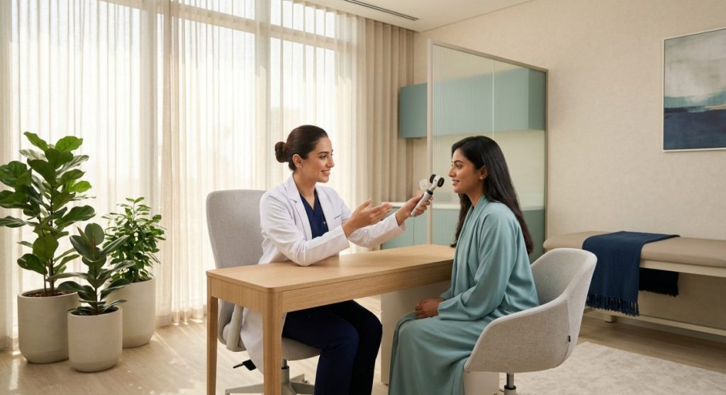 Dermatologist consulting with patient about melasma treatment options in a modern clinic setting