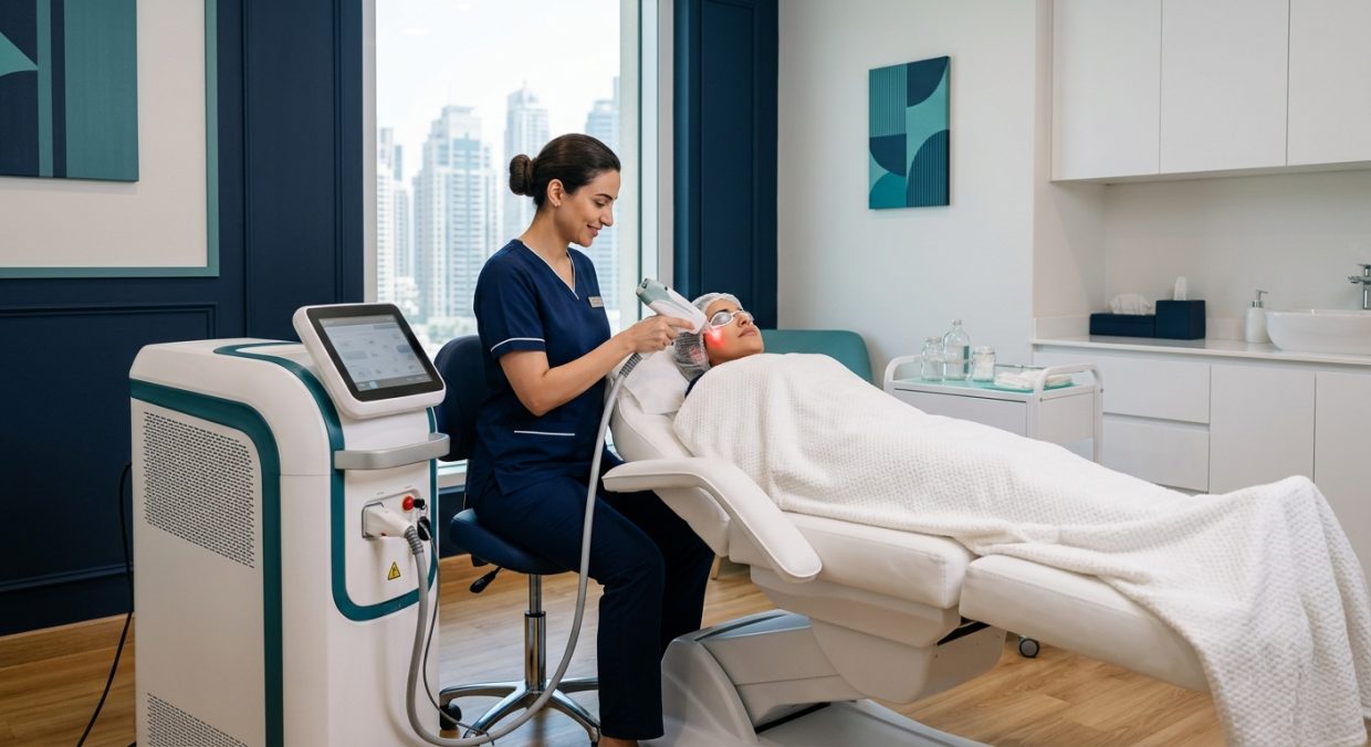 غرفة علاج جلدية احترافية مزودة بأجهزة ليزر حديثة في عيادة عصرية