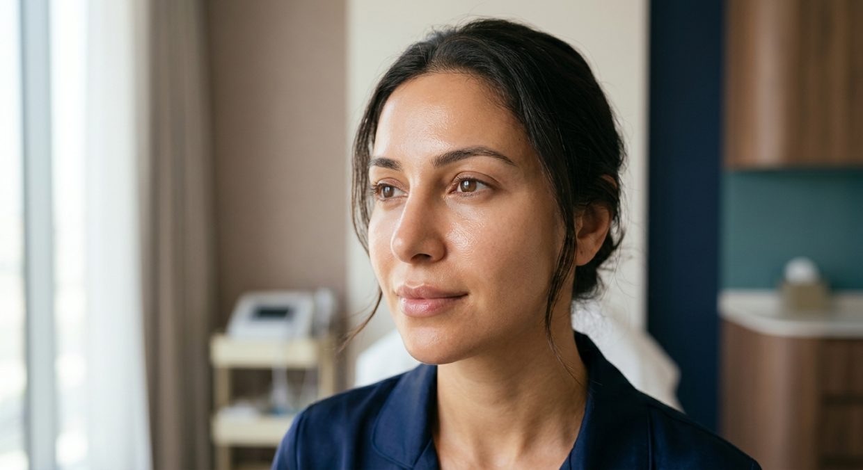 Close-up of woman's face showing healthy, glowing, hydrated skin texture