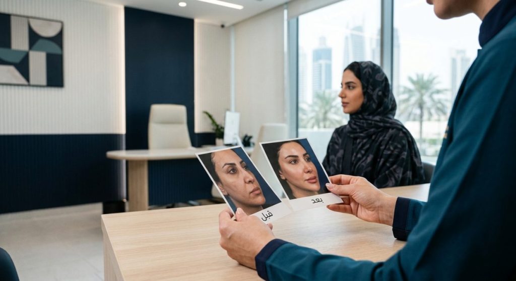 Surgeon reviewing before and after treatment photos during patient consultation