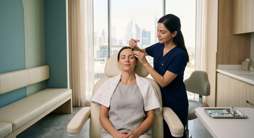 Woman receiving botox treatment in a modern clinic consultation room with professional healthcare provider