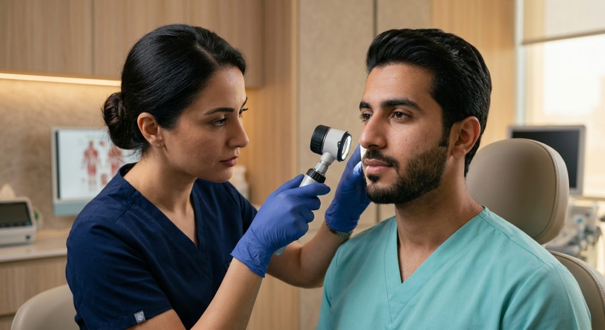 Dermatologist examining patient skin with specialized magnification and clinical lighting equipment