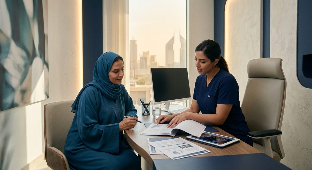 Patient reviewing treatment plan documentation during dermatology consultation in modern clinic
