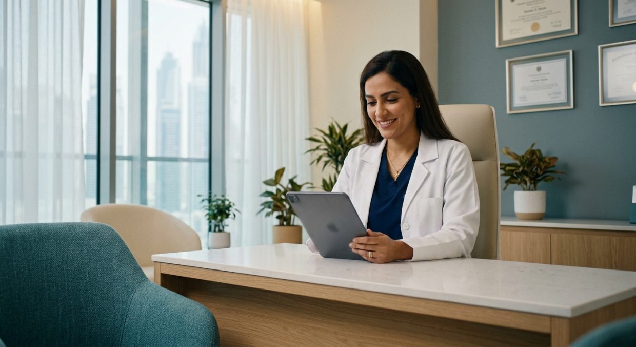 Professional dermatologist in modern clinical setting reflecting expertise and specialized training