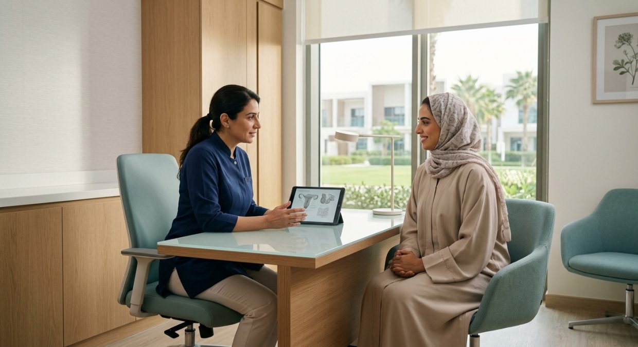 Female patient in consultation with gynecologist in a modern, light-filled clinic room with warm, professional atmosphere.
