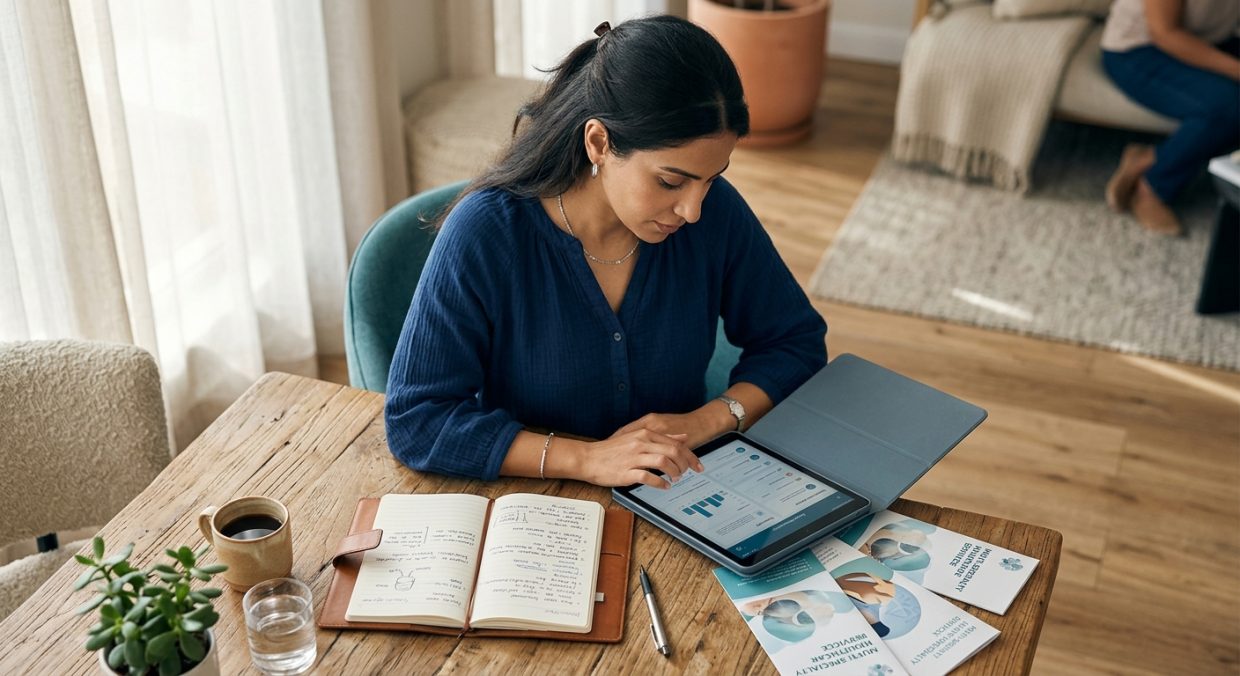 Woman reviewing healthcare information and taking notes while researching and preparing for a medical consultation.