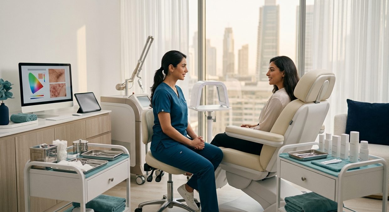 Professional dermatology clinic treatment room with organized medical equipment and modern aesthetic setup