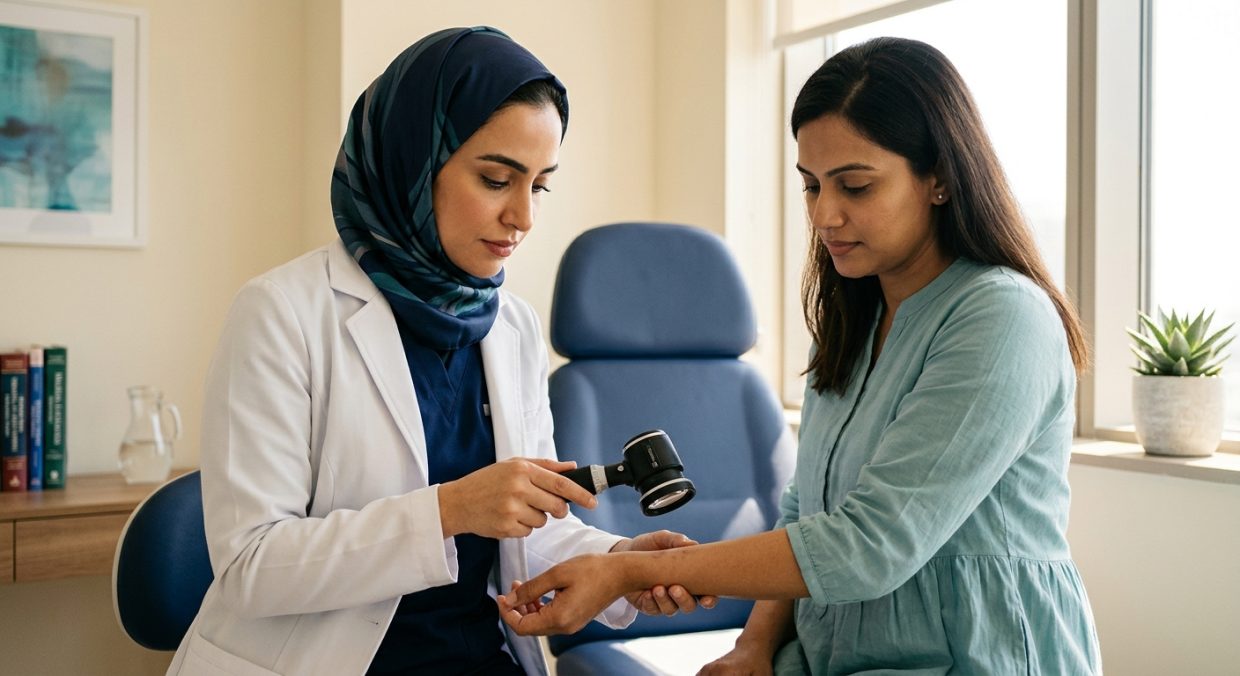 Dermatologist examining patient's skin with dermoscope during diagnostic consultation in clinic