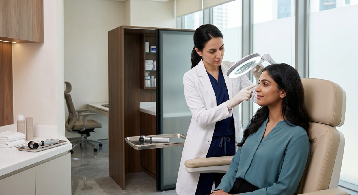 Dermatologist performing professional skin assessment to determine optimal treatment plan