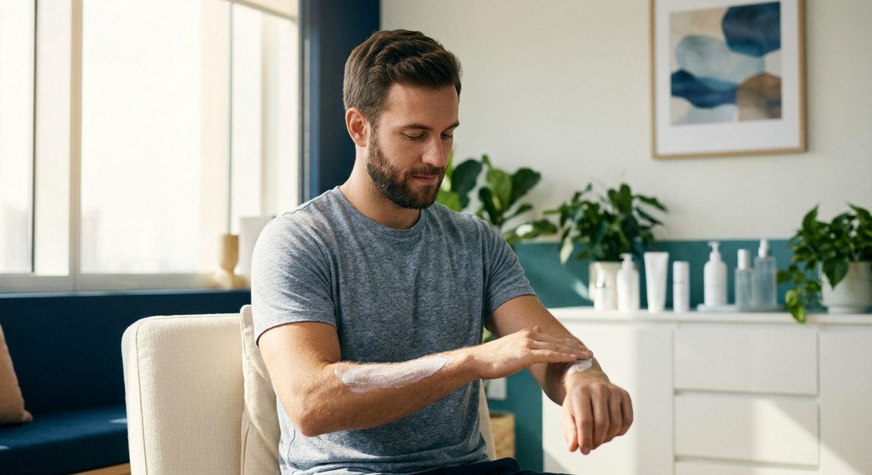 Patient applying skincare product as part of post-treatment care routine
