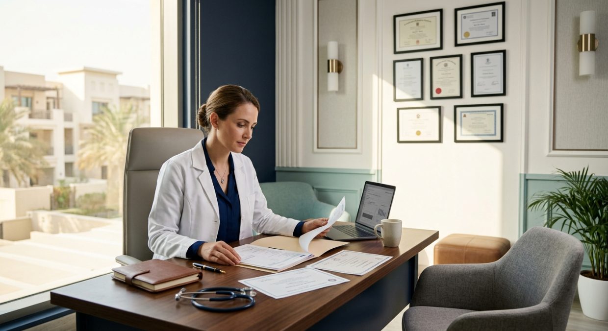 Healthcare professional reviewing patient medical records and professional credentials in clinic office setting