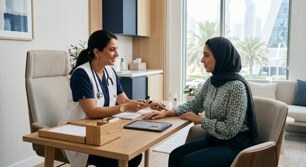 Female dermatologist consulting with patient in a modern clinic room with soft lighting and professional setting