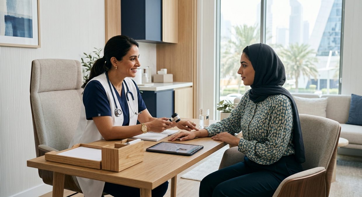 Female dermatologist consulting with patient in a modern clinic room with soft lighting and professional setting