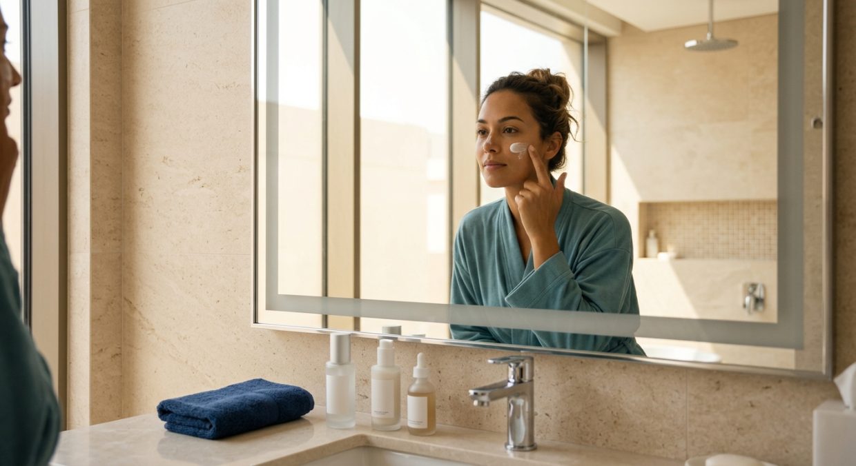 Person applying post-treatment skincare in a bright, clean bathroom environment