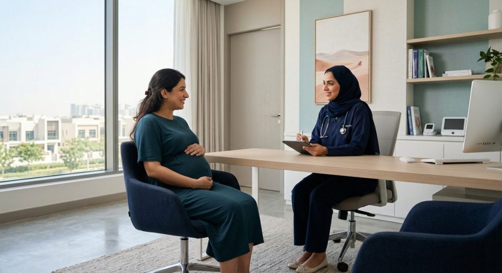 Pregnant woman consulting with obstetrician in a modern clinic room during antenatal care visit
