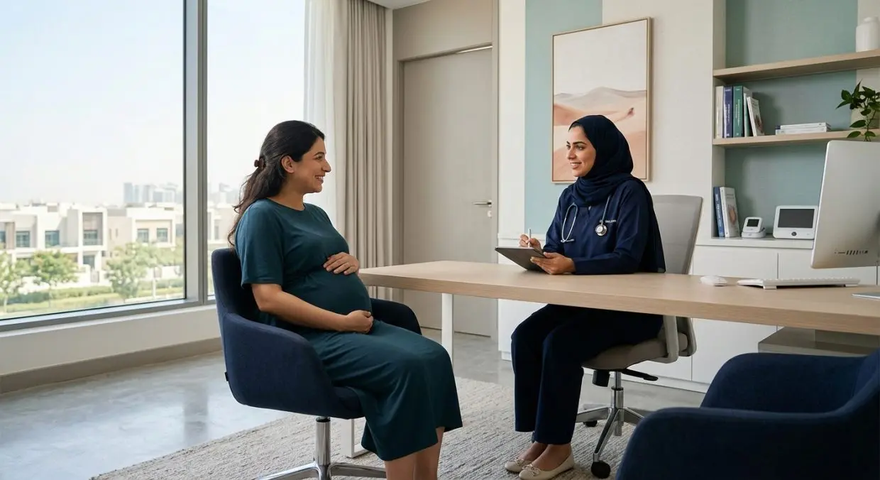 Pregnant woman consulting with obstetrician in a modern clinic room during antenatal care visit