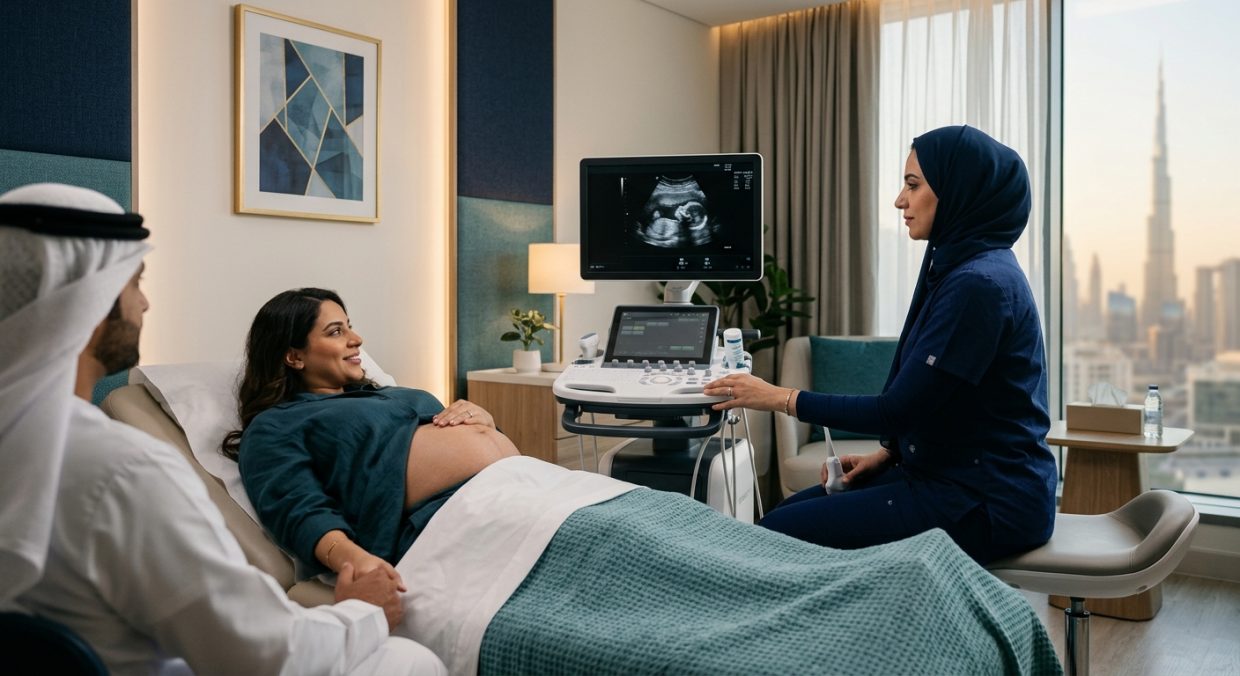 Pregnant woman undergoing obstetric ultrasound scan in a modern diagnostic clinic setting