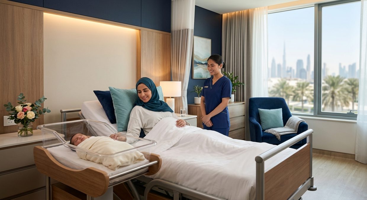 Serene private maternity ward room with comfortable bed and natural light in modern UAE healthcare facility