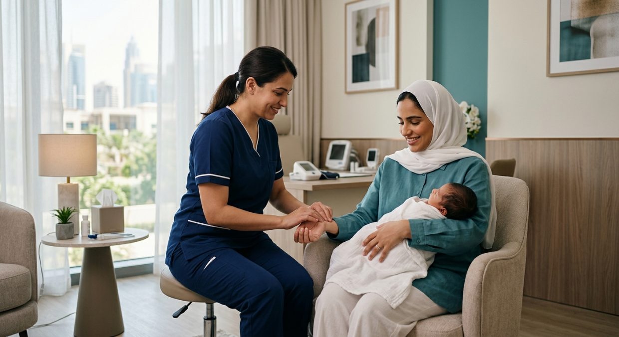 Healthcare provider conducting postnatal assessment with new mother in modern clinic consultation room