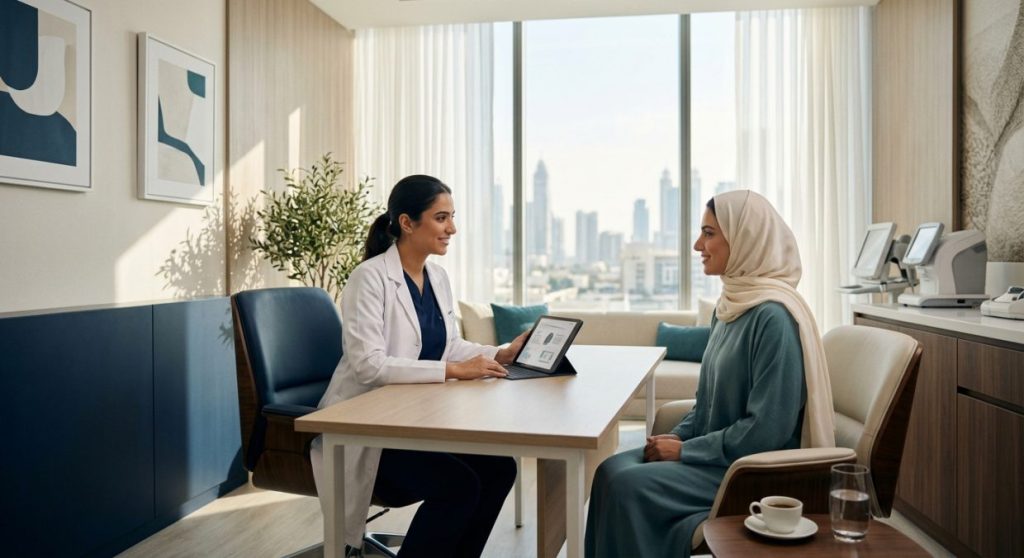 Healthcare provider consulting with patient in modern clinic setting about treatment options