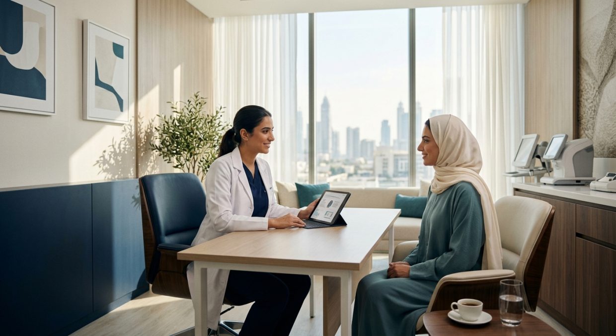 Healthcare provider consulting with patient in modern clinic setting about treatment options